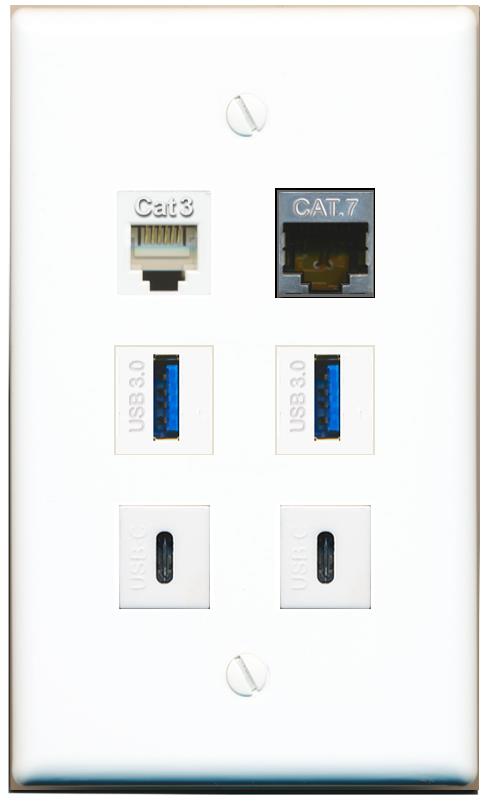  CAT7 PHONE 2 USB-3 2 USBC Flat/Solid Wall Plate [White]
