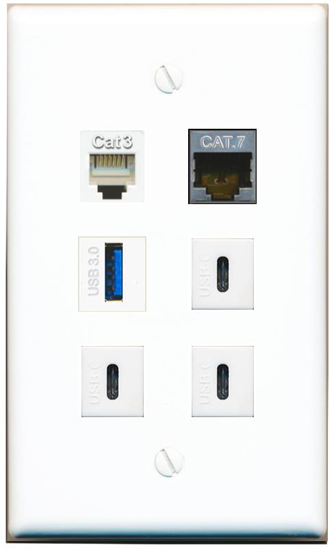  CAT7 PHONE USB-3 3 USBC Flat/Solid Wall Plate [White]