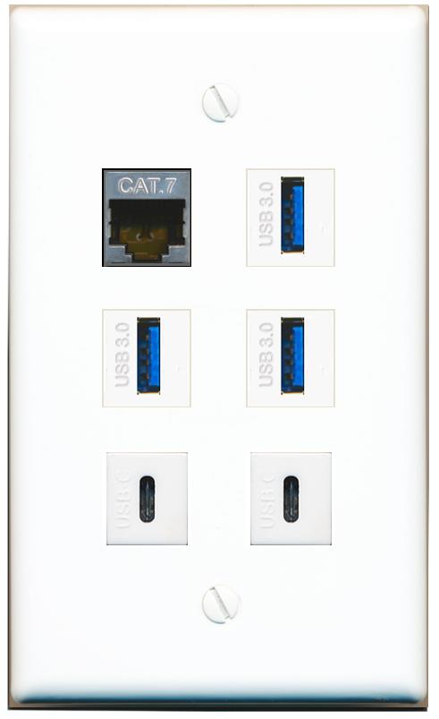  CAT7 3 USB-3 2 USBC Flat/Solid Wall Plate [White]