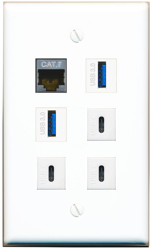  CAT7 2 USB-3 3 USBC Flat/Solid Wall Plate [White]