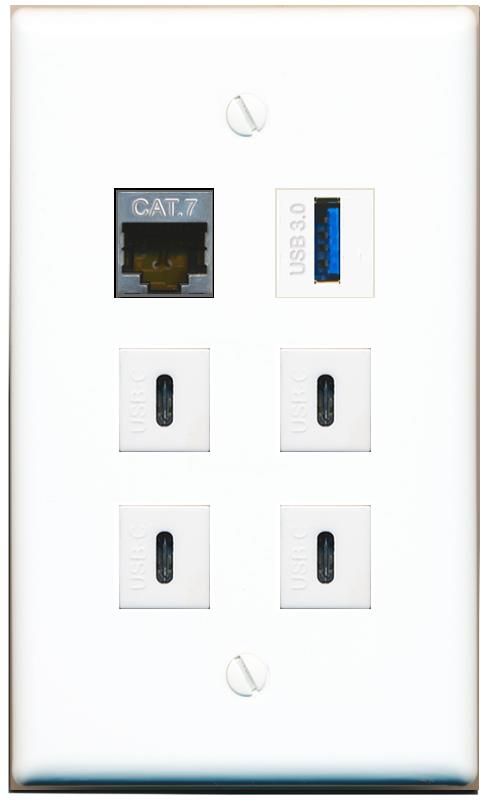  CAT7 USB-3 4 USBC Flat/Solid Wall Plate [White]
