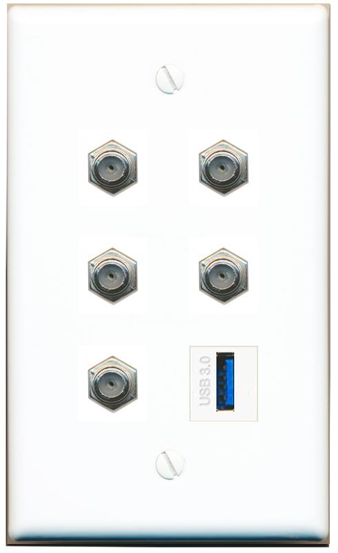  5 COAX USB-3 Flat/Solid Wall Plate [White]