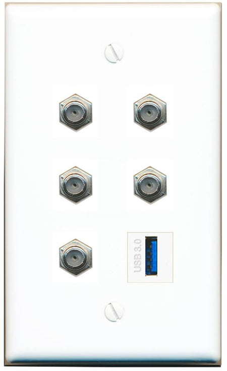  5 COAX USB-3 Flat/Solid Wall Plate [White]