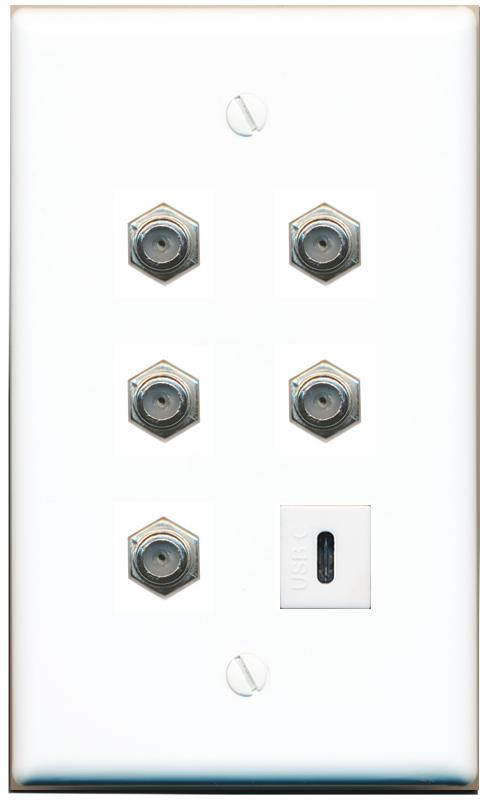  5 COAX USBC Flat/Solid Wall Plate [White]