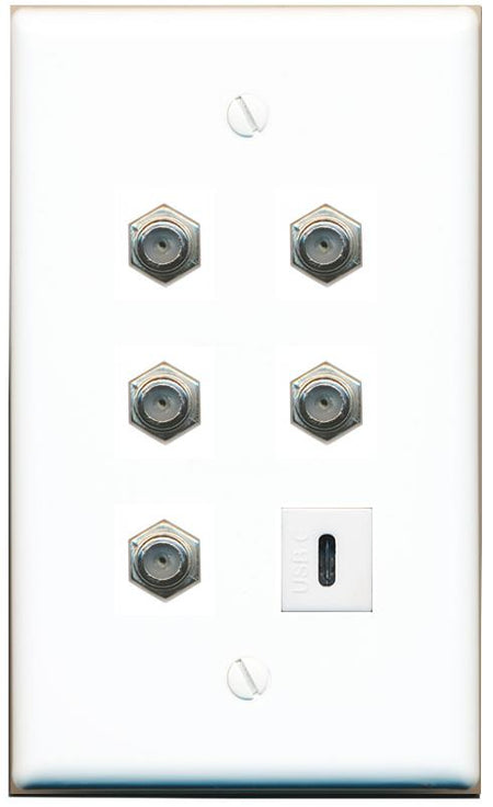  5 COAX USBC Flat/Solid Wall Plate [White]