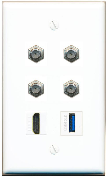  4 COAX HDMI USB-3 Flat/Solid Wall Plate [White]
