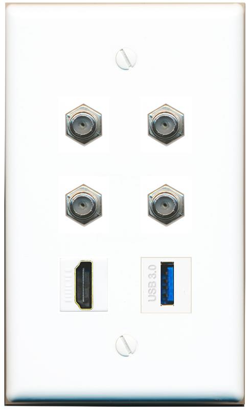  4 COAX HDMI USB-3 Flat/Solid Wall Plate [White]
