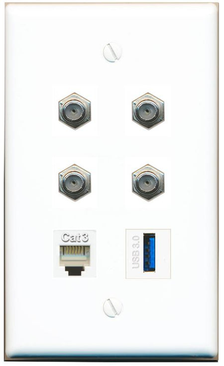  4 COAX PHONE USB-3 Flat/Solid Wall Plate [White]