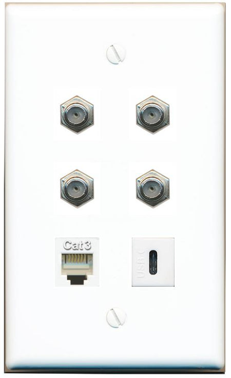  4 COAX PHONE USBC Flat/Solid Wall Plate [White]