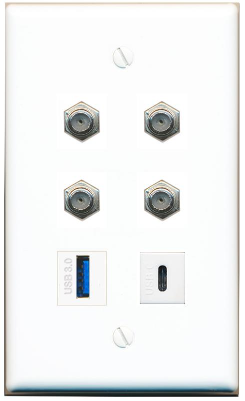  4 COAX USB-3 USBC Flat/Solid Wall Plate [White]