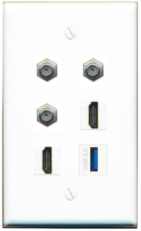  3 COAX 2 HDMI USB-3 Flat/Solid Wall Plate [White]