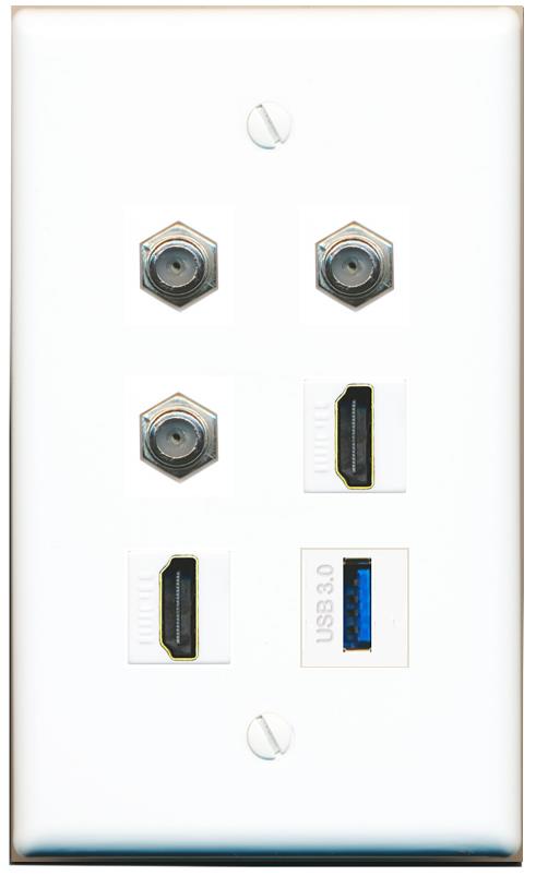  3 COAX 2 HDMI USB-3 Flat/Solid Wall Plate [White]