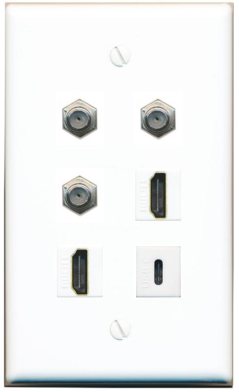  3 COAX 2 HDMI USBC Flat/Solid Wall Plate [White]
