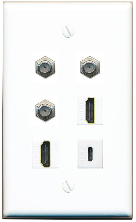  3 COAX 2 HDMI USBC Flat/Solid Wall Plate [White]