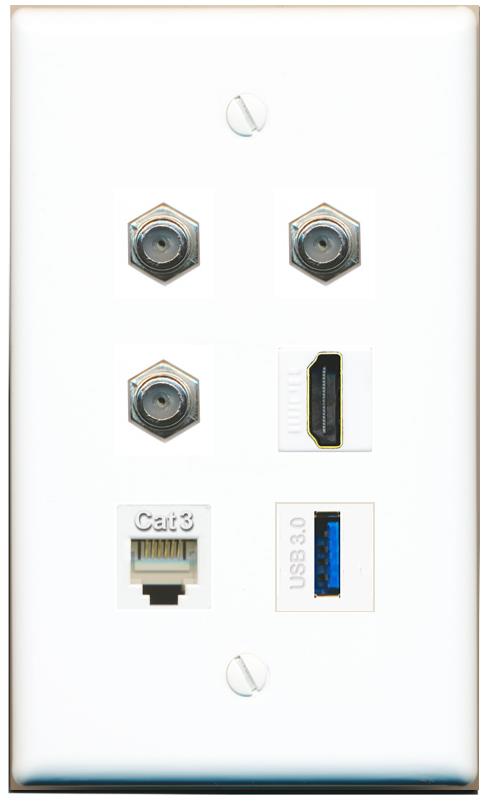  3 COAX HDMI PHONE USB-3 Flat/Solid Wall Plate [White]
