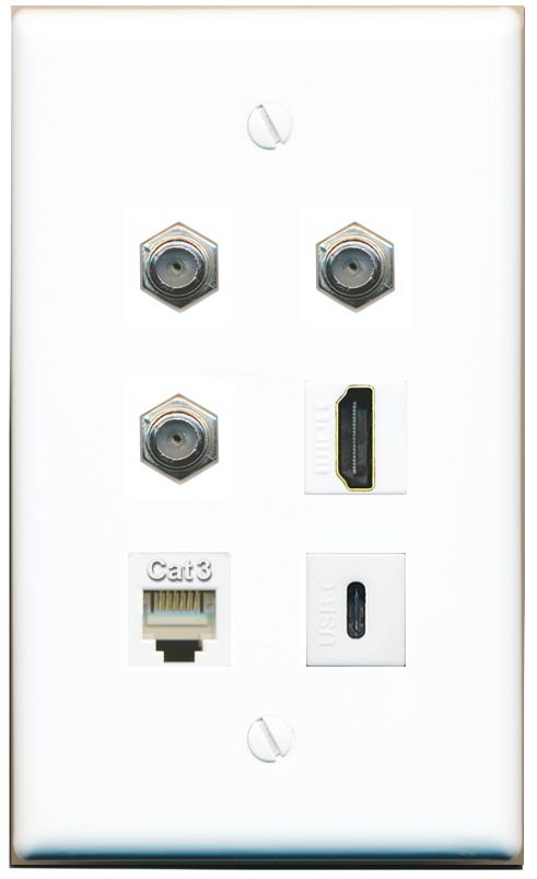  3 COAX HDMI PHONE USBC Flat/Solid Wall Plate [White]