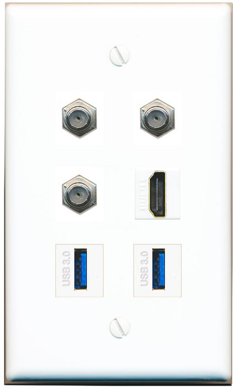  3 COAX HDMI 2 USB-3 Flat/Solid Wall Plate [White]