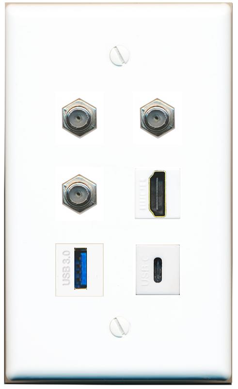 3 COAX HDMI USB-3 USBC Flat/Solid Wall Plate [White]