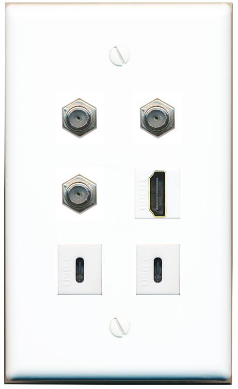  3 COAX HDMI 2 USBC Flat/Solid Wall Plate [White]