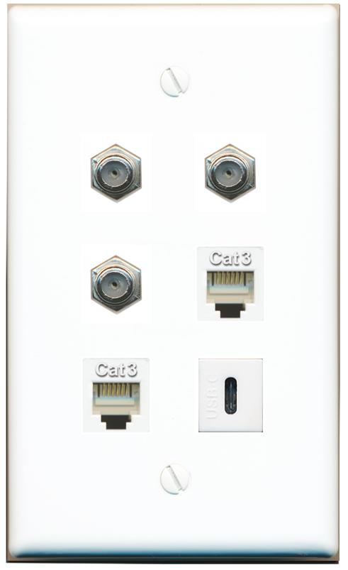  3 COAX 2 PHONE USBC Flat/Solid Wall Plate [White]