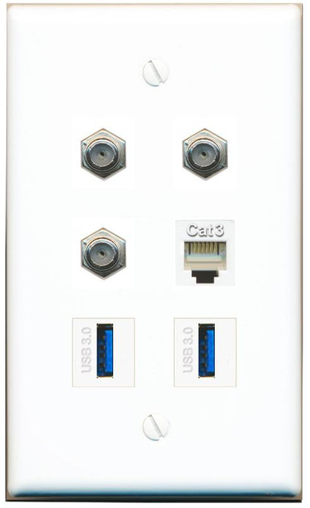  3 COAX PHONE 2 USB-3 Flat/Solid Wall Plate [White]