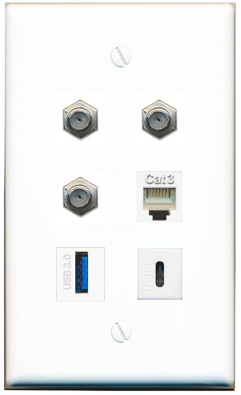  3 COAX PHONE USB-3 USBC Flat/Solid Wall Plate [White]