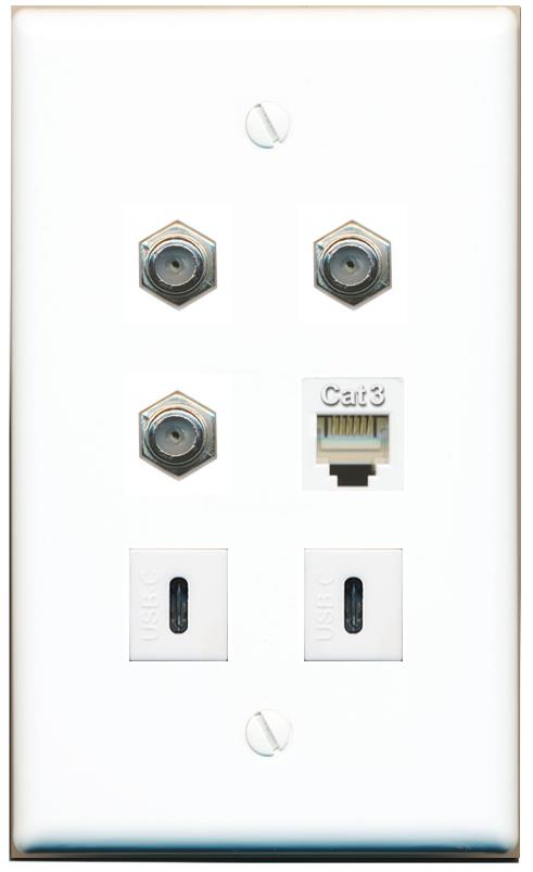  3 COAX PHONE 2 USBC Flat/Solid Wall Plate [White]