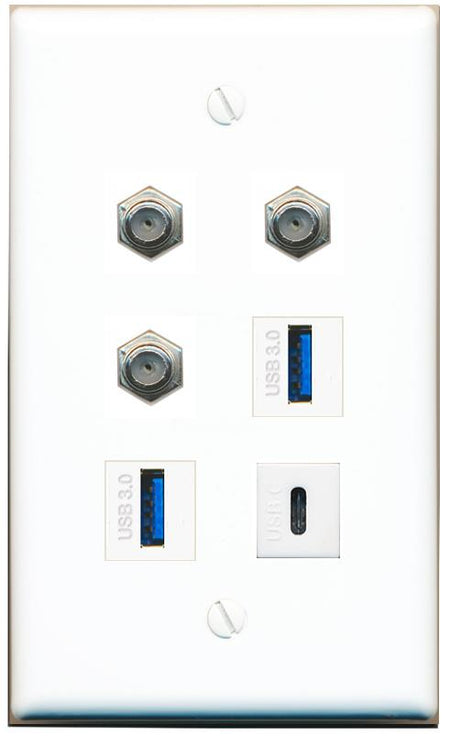  3 COAX 2 USB-3 USBC Flat/Solid Wall Plate [White]