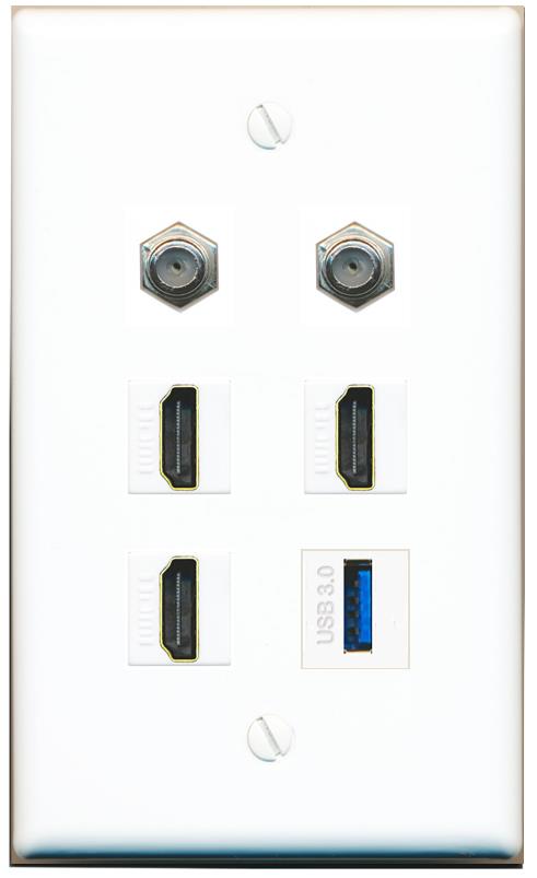  2 COAX 3 HDMI USB-3 Flat/Solid Wall Plate [White]