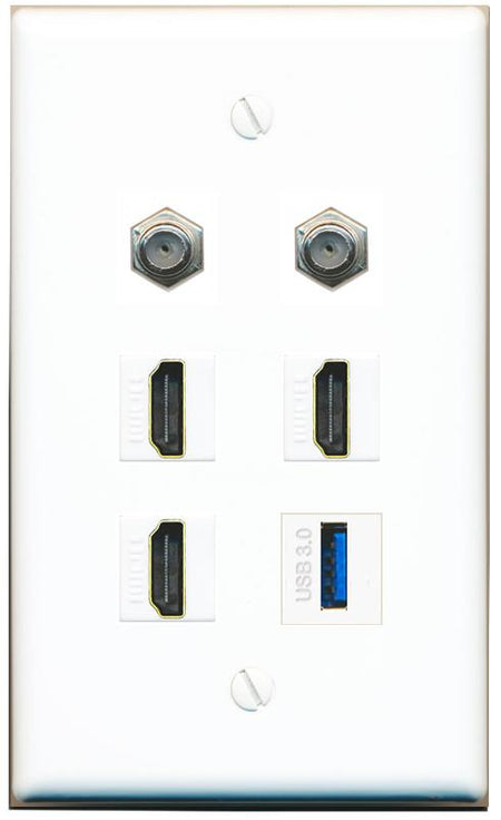  2 COAX 3 HDMI USB-3 Flat/Solid Wall Plate [White]