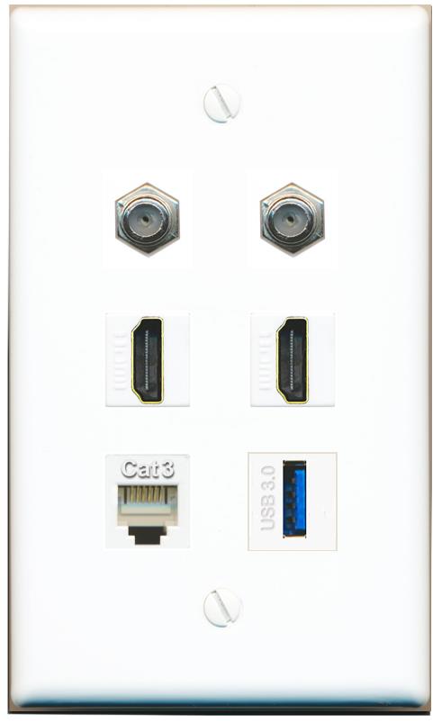  2 COAX 2 HDMI PHONE USB-3 Flat/Solid Wall Plate [White]