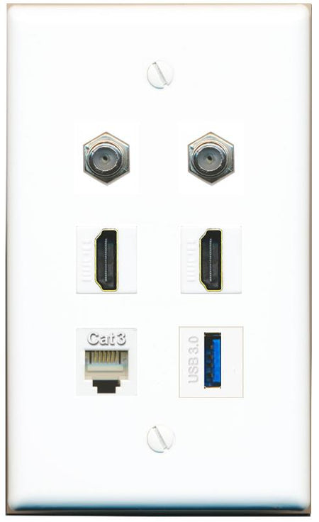 2 COAX 2 HDMI PHONE USB-3 Flat/Solid Wall Plate [White]