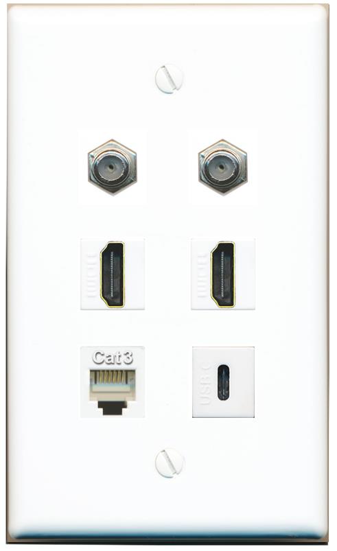  2 COAX 2 HDMI PHONE USBC Flat/Solid Wall Plate [White]
