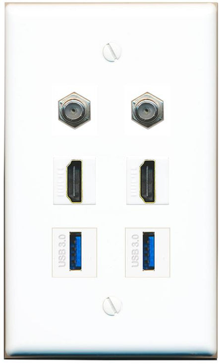  2 COAX 2 HDMI 2 USB-3 Flat/Solid Wall Plate [White]