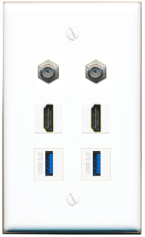  2 COAX 2 HDMI 2 USB-3 Flat/Solid Wall Plate [White]
