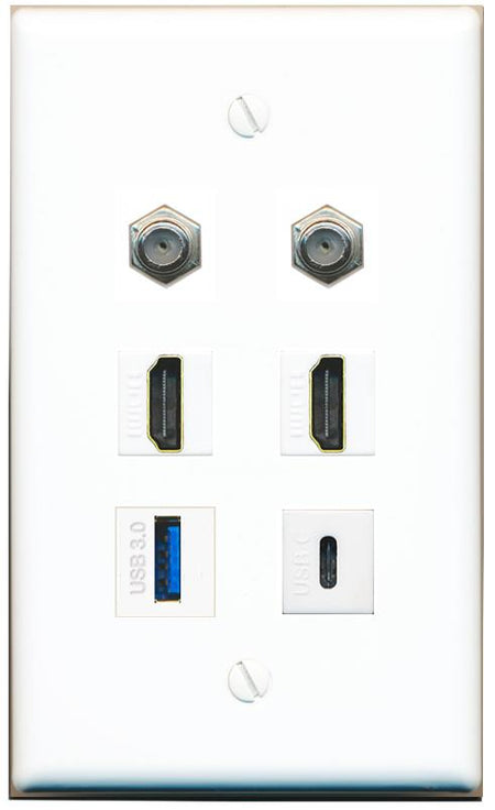  2 COAX 2 HDMI USB-3 USBC Flat/Solid Wall Plate [White]