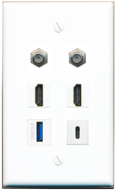  2 COAX 2 HDMI USB-3 USBC Flat/Solid Wall Plate [White]