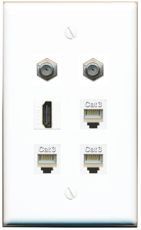  2 COAX HDMI 3 PHONE Flat/Solid Wall Plate [White]