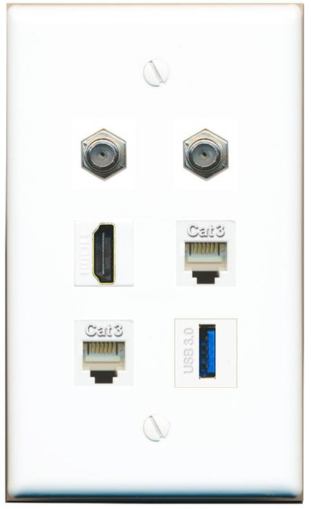  2 COAX HDMI 2 PHONE USB-3 Flat/Solid Wall Plate [White]