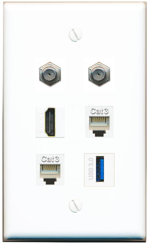  2 COAX HDMI 2 PHONE USB-3 Flat/Solid Wall Plate [White]