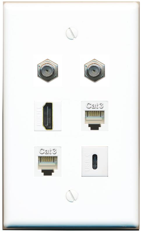  2 COAX HDMI 2 PHONE USBC Flat/Solid Wall Plate [White]
