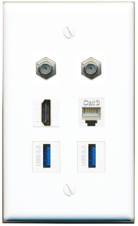  2 COAX HDMI PHONE 2 USB-3 Flat/Solid Wall Plate [White]