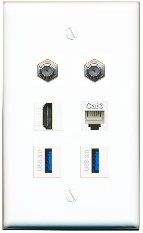  2 COAX HDMI PHONE 2 USB-3 Flat/Solid Wall Plate [White]