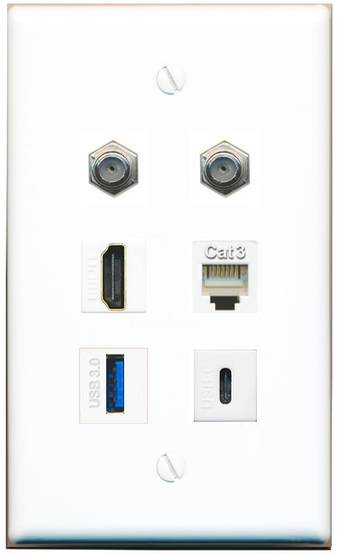  2 COAX HDMI PHONE USB-3 USBC Flat/Solid Wall Plate [White]