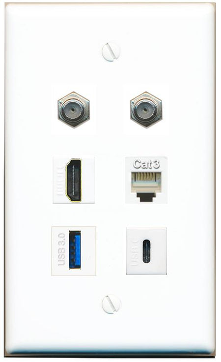  2 COAX HDMI PHONE USB-3 USBC Flat/Solid Wall Plate [White]