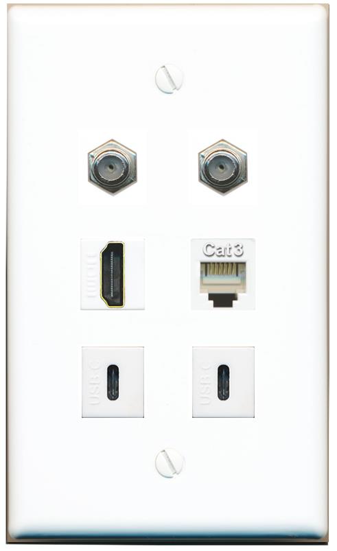  2 COAX HDMI PHONE 2 USBC Flat/Solid Wall Plate [White]