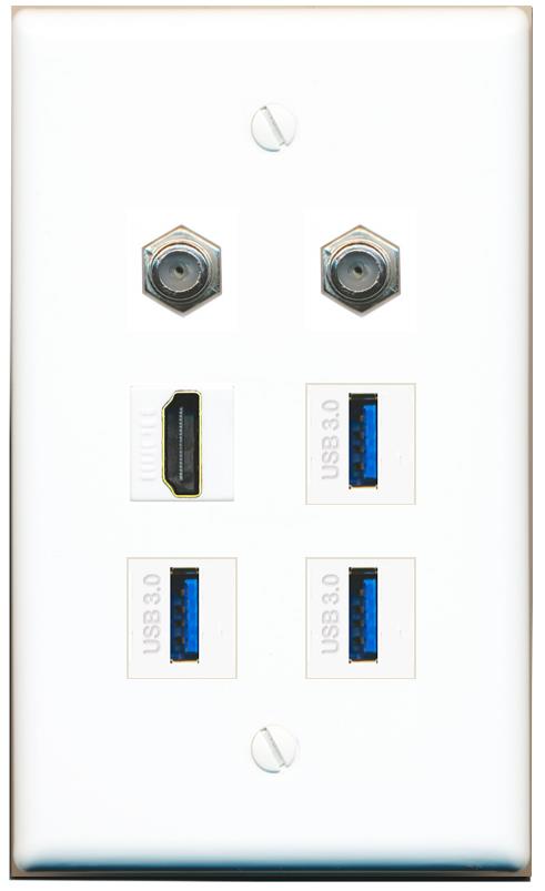  2 COAX HDMI 3 USB-3 Flat/Solid Wall Plate [White]