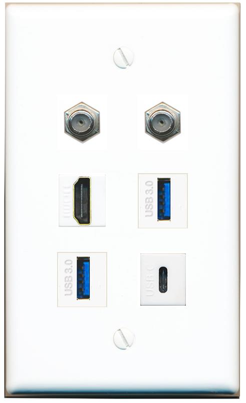  2 COAX HDMI 2 USB-3 USBC Flat/Solid Wall Plate [White]