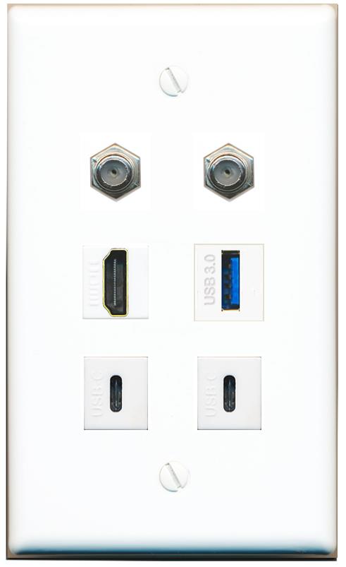  2 COAX HDMI USB-3 2 USBC Flat/Solid Wall Plate [White]