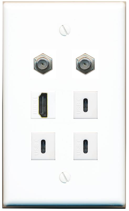  2 COAX HDMI 3 USBC Flat/Solid Wall Plate [White]